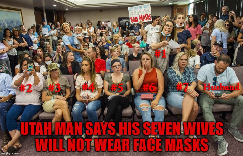 Utah Covidiots Protest Mask Mandate | UTAH MAN SAYS HIS SEVEN WIVES
WILL NOT WEAR FACE MASKS | image tagged in coronavirus,face mask,utah,polygamy,mormons,covidiots | made w/ Imgflip meme maker