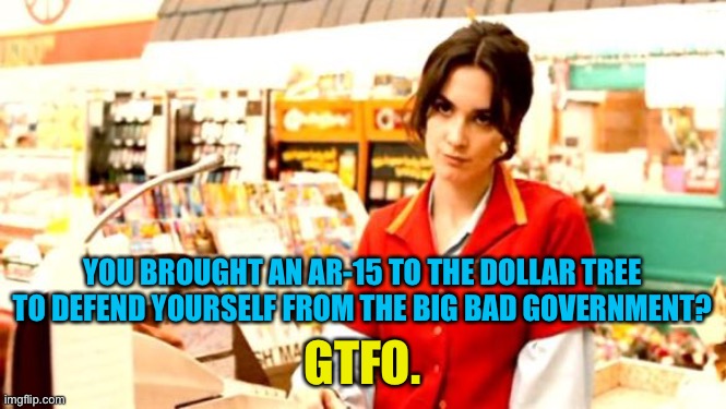 Cashier Meme | YOU BROUGHT AN AR-15 TO THE DOLLAR TREE TO DEFEND YOURSELF FROM THE BIG BAD GOVERNMENT? GTFO. | image tagged in cashier meme | made w/ Imgflip meme maker