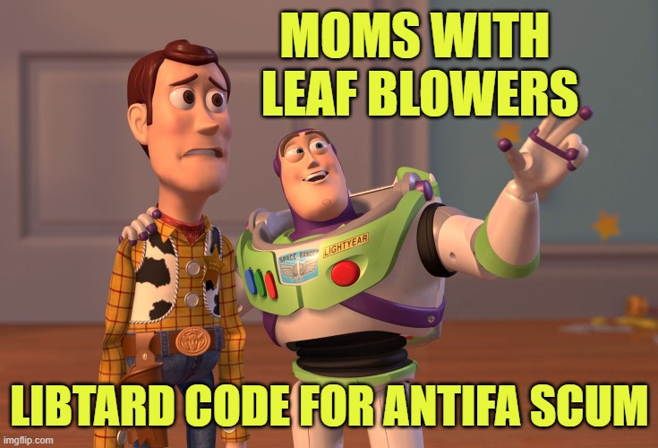 X, X Everywhere Meme | MOMS WITH
 LEAF BLOWERS LIBTARD CODE FOR ANTIFA SCUM | image tagged in memes,x x everywhere | made w/ Imgflip meme maker
