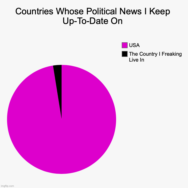 'Murica Is More Entertaining, Anyway | Countries Whose Political News I Keep Up-To-Date On | The Country I Freaking Live In, USA | image tagged in charts,pie charts,usa,politics | made w/ Imgflip chart maker