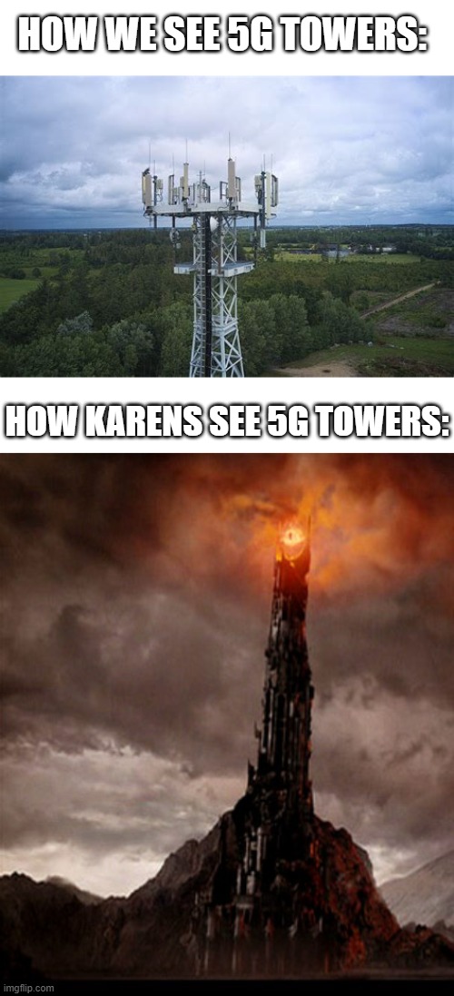 Stupid Karen | HOW WE SEE 5G TOWERS:; HOW KARENS SEE 5G TOWERS: | image tagged in dank memes,karen,front page,stupid people,stop reading the tags | made w/ Imgflip meme maker