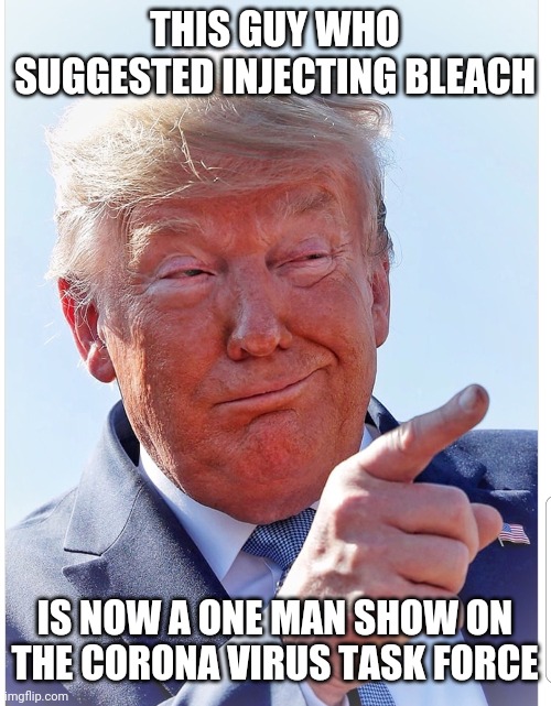 Trump pointing | THIS GUY WHO SUGGESTED INJECTING BLEACH; IS NOW A ONE MAN SHOW ON THE CORONA VIRUS TASK FORCE | image tagged in trump pointing | made w/ Imgflip meme maker