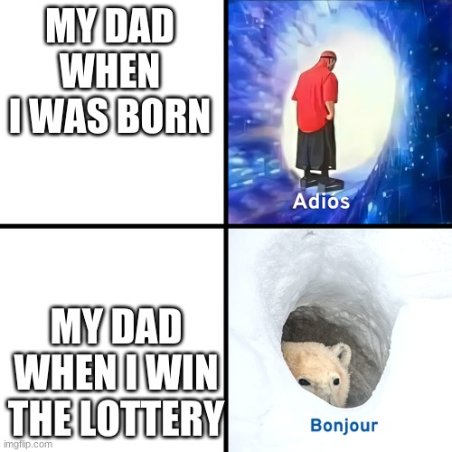 Adios Bonjour | MY DAD WHEN I WAS BORN; MY DAD WHEN I WIN THE LOTTERY | image tagged in adios bonjour | made w/ Imgflip meme maker