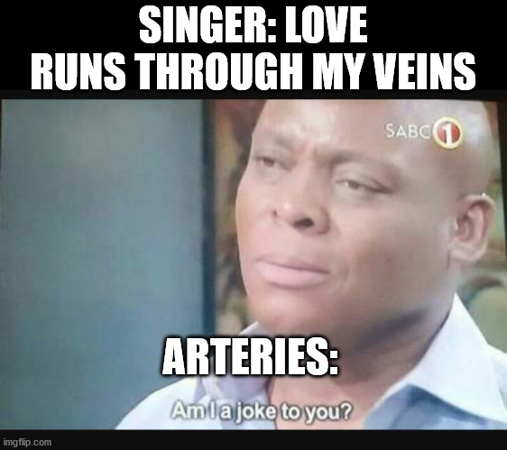 Am I a joke to you? | SINGER: LOVE RUNS THROUGH MY VEINS; ARTERIES: | image tagged in am i a joke to you,memes,veins,arteries,biology,love | made w/ Imgflip meme maker