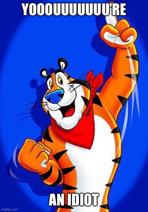 Tony the tiger | YOOOUUUUUUU’RE; AN IDIOT | image tagged in tony the tiger | made w/ Imgflip meme maker