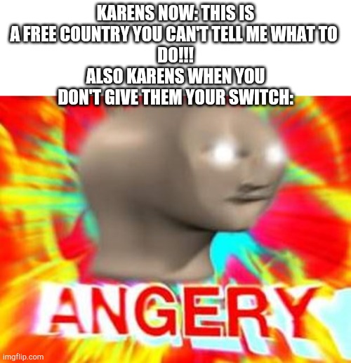 They be hypocrites | KARENS NOW: THIS IS A FREE COUNTRY YOU CAN'T TELL ME WHAT TO 
DO!!!
ALSO KARENS WHEN YOU DON'T GIVE THEM YOUR SWITCH: | image tagged in blank white template,surreal angery | made w/ Imgflip meme maker