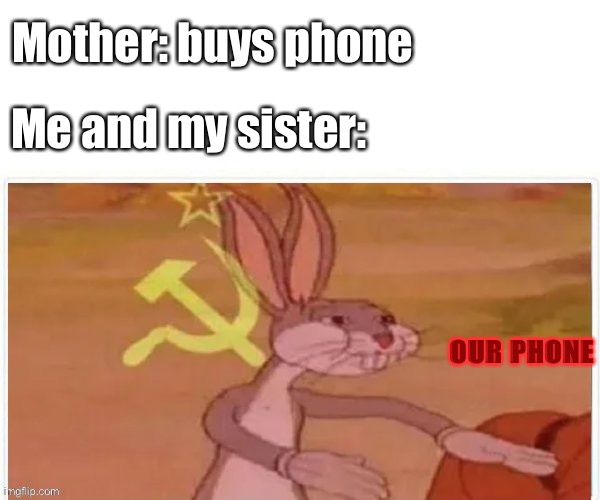 communist bugs bunny | Mother: buys phone; Me and my sister:; OUR PHONE | image tagged in communist bugs bunny,soviet russia | made w/ Imgflip meme maker
