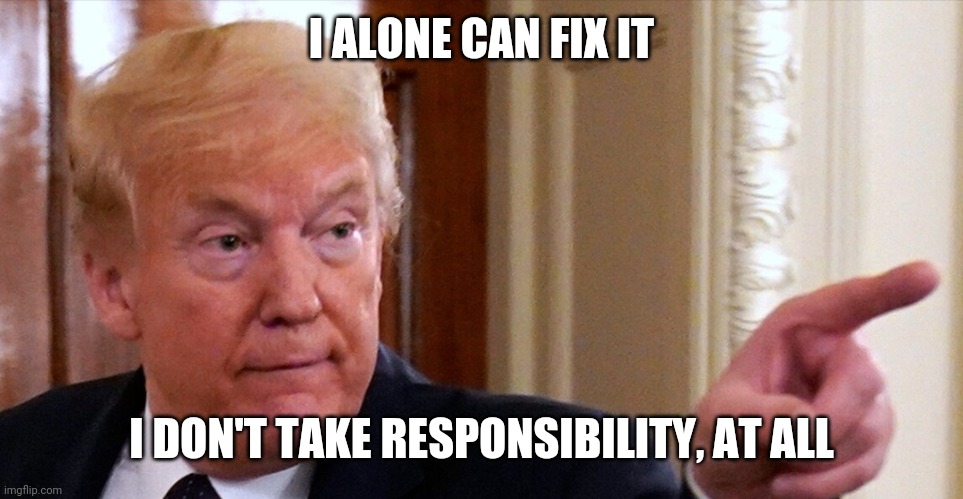 Trump pointing | I ALONE CAN FIX IT; I DON'T TAKE RESPONSIBILITY, AT ALL | image tagged in trump pointing | made w/ Imgflip meme maker