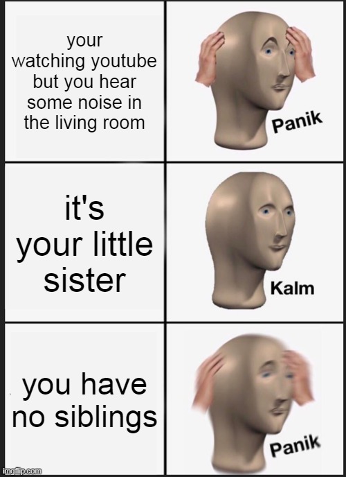 wait... i have no sibling! | your watching youtube but you hear some noise in the living room; it's your little sister; you have no siblings | image tagged in memes,panik kalm panik | made w/ Imgflip meme maker