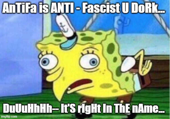ItSrIgHtInThEnAmE | AnTiFa is ANTI - Fascist U DoRk... DuUuHhHh-- It'S rIgHt In ThE nAme... | image tagged in memes,mocking spongebob | made w/ Imgflip meme maker