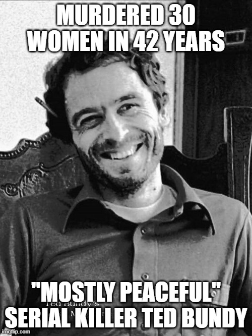 I mean,there were lots of days he didn't even kill ANYBODY... | MURDERED 30 WOMEN IN 42 YEARS; "MOSTLY PEACEFUL" SERIAL KILLER TED BUNDY | image tagged in ted bundy,mostly peaceful,fake news,all lies | made w/ Imgflip meme maker