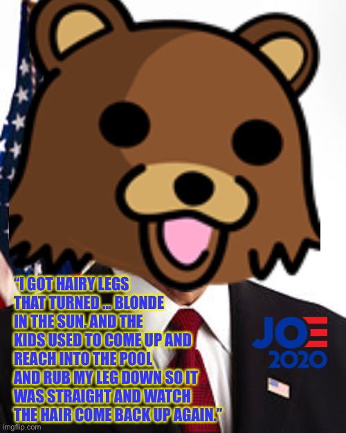 Pedobear has hairy legs, and kids used to come up and reach in the pool and rub his leg down |  “I GOT HAIRY LEGS THAT TURNED ... BLONDE IN THE SUN. AND THE KIDS USED TO COME UP AND REACH INTO THE POOL AND RUB MY LEG DOWN SO IT WAS STRAIGHT AND WATCH THE HAIR COME BACK UP AGAIN.” | image tagged in memes,pedobear,creepy joe biden,kids,pervert,hair | made w/ Imgflip meme maker
