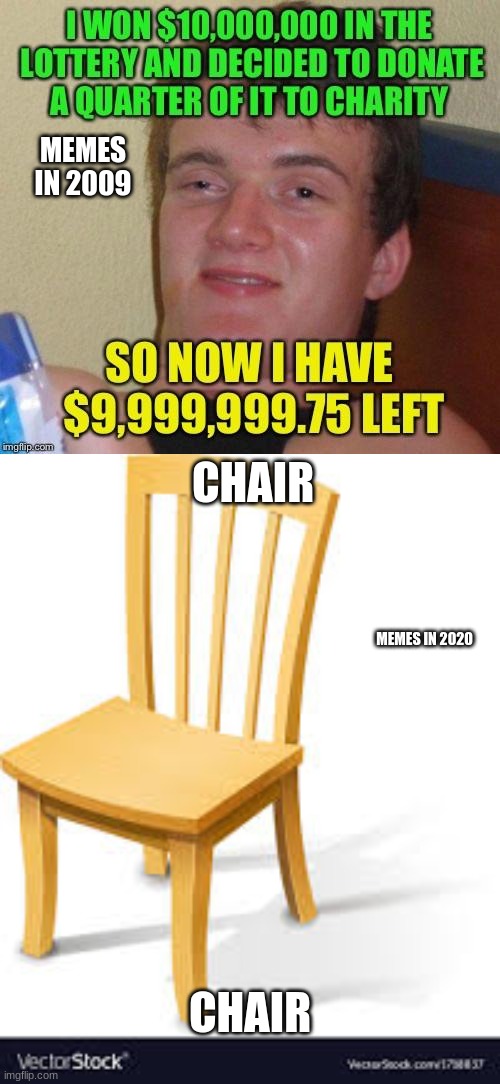 2020 memes | MEMES IN 2009; CHAIR; MEMES IN 2020; CHAIR | image tagged in meme | made w/ Imgflip meme maker