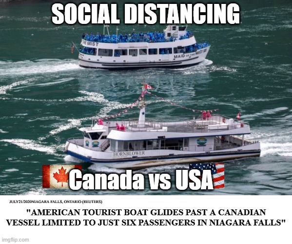 Canada vs USA Social distancing | SOCIAL DISTANCING; Canada vs USA; JULY21/2020NIAGARA FALLS, ONTARIO (REUTERS); "AMERICAN TOURIST BOAT GLIDES PAST A CANADIAN VESSEL LIMITED TO JUST SIX PASSENGERS IN NIAGARA FALLS" | image tagged in social distancing,canada,isolating,covid,corona | made w/ Imgflip meme maker