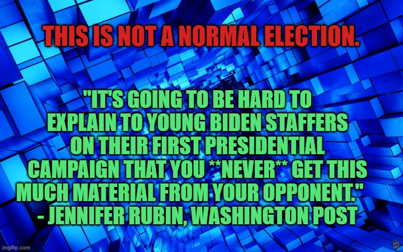 you **NEVER** get this much material from your opponent. | THIS IS NOT A NORMAL ELECTION. "IT'S GOING TO BE HARD TO EXPLAIN TO YOUNG BIDEN STAFFERS ON THEIR FIRST PRESIDENTIAL CAMPAIGN THAT YOU **NEVER** GET THIS MUCH MATERIAL FROM YOUR OPPONENT."    
- JENNIFER RUBIN, WASHINGTON POST | image tagged in donald trump,election 2020,joe biden | made w/ Imgflip meme maker