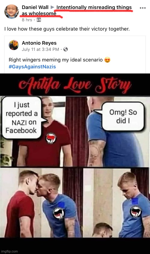 Two cute fellows team up to fight Nazis and make love. I see absolutely nothing wrong with this. | image tagged in antifa,love story,wholesome,repost,gay,lgbt | made w/ Imgflip meme maker