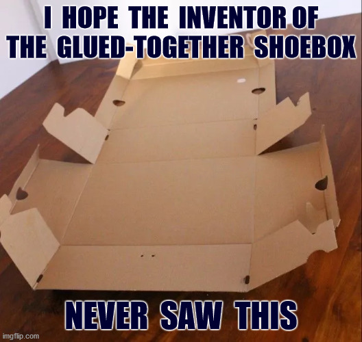 Mind blown | I  HOPE  THE  INVENTOR OF THE  GLUED-TOGETHER  SHOEBOX; NEVER  SAW  THIS | image tagged in shoebox,inventor,origami,funny,memes | made w/ Imgflip meme maker