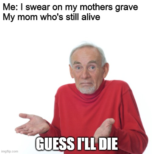 Guess I'll die  | Me: I swear on my mothers grave
My mom who's still alive; GUESS I'LL DIE | image tagged in guess i'll die | made w/ Imgflip meme maker