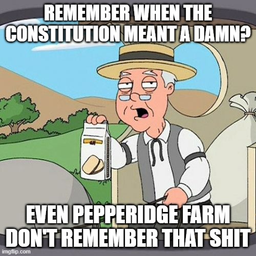 How long has it been since the Executive Branch payed mind to it's reach? | REMEMBER WHEN THE CONSTITUTION MEANT A DAMN? EVEN PEPPERIDGE FARM DON'T REMEMBER THAT SHIT | image tagged in memes,pepperidge farm remembers,constitution,executive power,forgotten | made w/ Imgflip meme maker