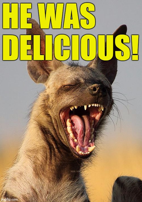 laughing hyena | HE WAS DELICIOUS! | image tagged in laughing hyena | made w/ Imgflip meme maker
