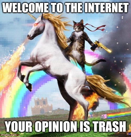 Welcome To The Internets | WELCOME TO THE INTERNET; YOUR OPINION IS TRASH | image tagged in memes,welcome to the internets | made w/ Imgflip meme maker