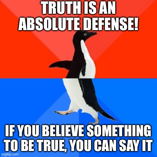 When they come very, very close to stating an actual defense to libel/slander | TRUTH IS AN ABSOLUTE DEFENSE! IF YOU BELIEVE SOMETHING TO BE TRUE, YOU CAN SAY IT | image tagged in socially awkward pinguin,law,free speech,hate speech,illegal,legal | made w/ Imgflip meme maker
