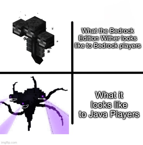Bedrock Edition Wither |  What the Bedrock Edition Wither looks like to Bedrock players; What it looks like to Java Players | image tagged in memes,minecraft,minecraft story mode | made w/ Imgflip meme maker