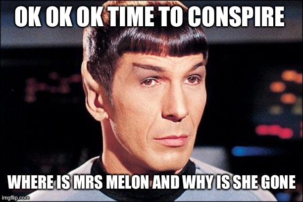 Ahhahahaaaasss | OK OK OK TIME TO CONSPIRE; WHERE IS MRS MELON AND WHY IS SHE GONE | image tagged in condescending spock | made w/ Imgflip meme maker