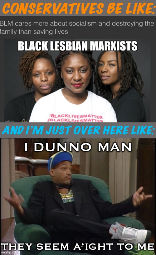 Black lesbian Marxists? Yes I’ll take 3 please | CONSERVATIVES BE LIKE:; AND I’M JUST OVER HERE LIKE:; I DUNNO MAN; THEY SEEM A’IGHT TO ME | image tagged in whatever,lgbt,blm,lesbians,black lives matter,lesbian | made w/ Imgflip meme maker
