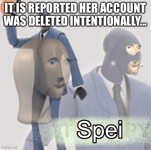 Meme man spei | IT IS REPORTED HER ACCOUNT WAS DELETED INTENTIONALLY... | image tagged in meme man spei | made w/ Imgflip meme maker