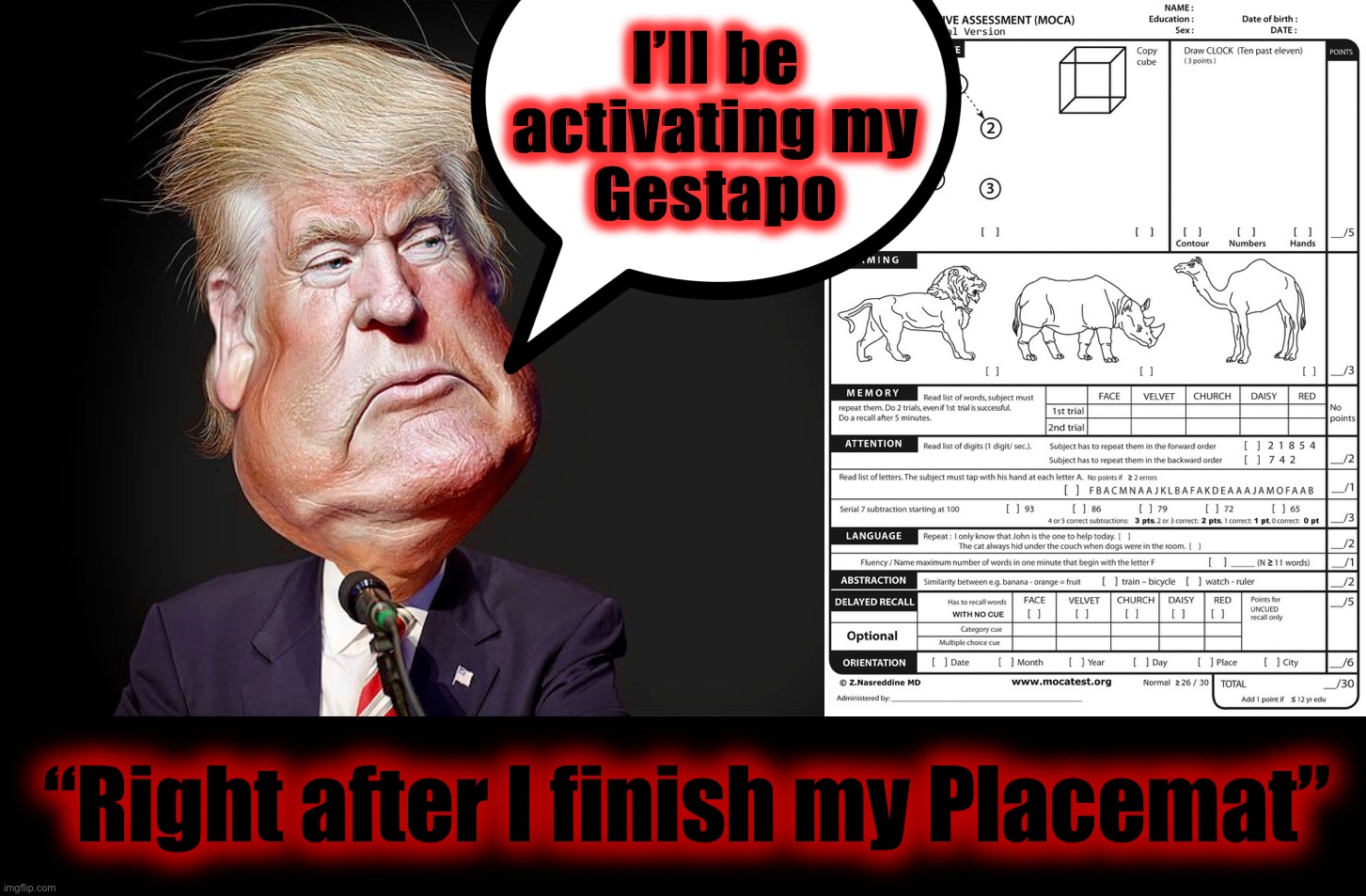 The worms crawl in, the worms crawl out | I’ll be
activating my
Gestapo; “Right after I finish my Placemat” | image tagged in memes,donald trump is an idiot,distraction,captain trumps,cognitive dissonance,trump hitler | made w/ Imgflip meme maker