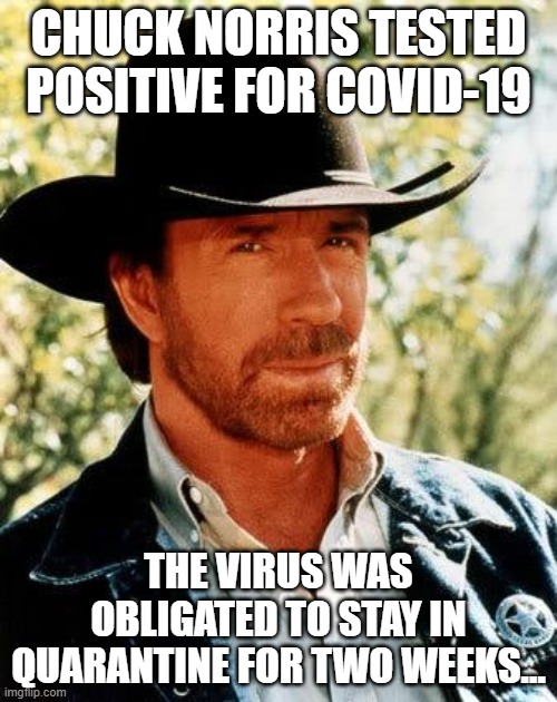 Chuck Norris | CHUCK NORRIS TESTED POSITIVE FOR COVID-19; THE VIRUS WAS OBLIGATED TO STAY IN QUARANTINE FOR TWO WEEKS... | image tagged in memes,chuck norris | made w/ Imgflip meme maker