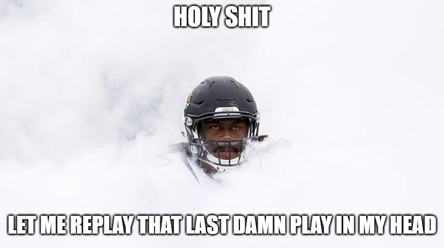 Shit does happen | HOLY SHIT; LET ME REPLAY THAT LAST DAMN PLAY IN MY HEAD | image tagged in sports,football,memes,fun,funny,funny memes | made w/ Imgflip meme maker