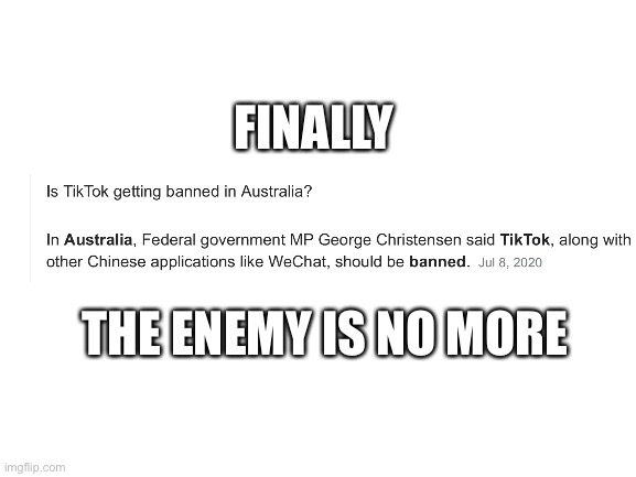 Blank White Template | FINALLY; THE ENEMY IS NO MORE | image tagged in blank white template | made w/ Imgflip meme maker