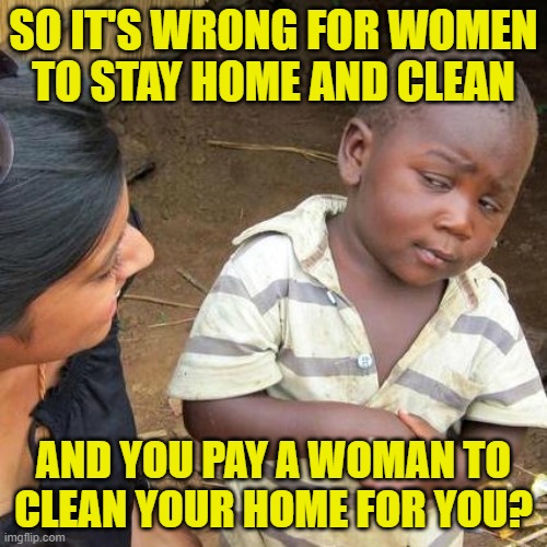 Housekeeping Skeptic | SO IT'S WRONG FOR WOMEN
TO STAY HOME AND CLEAN; AND YOU PAY A WOMAN TO
CLEAN YOUR HOME FOR YOU? | image tagged in memes,third world skeptical kid,double standards,housewife,stay home,cleaning | made w/ Imgflip meme maker