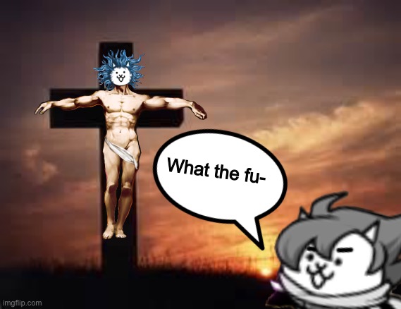 Battle Cats cursed Image: The God | What the fu- | image tagged in cross,memes,funny,god,cats,cursed image | made w/ Imgflip meme maker