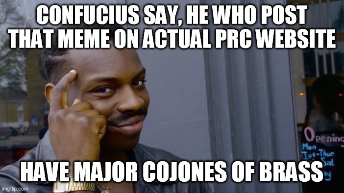Roll Safe Think About It Meme | CONFUCIUS SAY, HE WHO POST THAT MEME ON ACTUAL PRC WEBSITE HAVE MAJOR COJONES OF BRASS | image tagged in memes,roll safe think about it | made w/ Imgflip meme maker