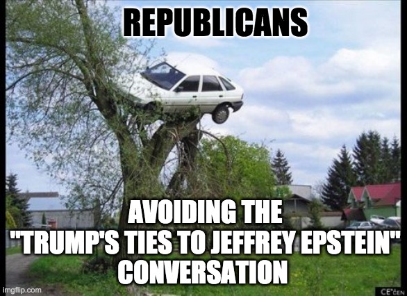 Republicans Avoiding Trump Ties to Epstein | REPUBLICANS; AVOIDING THE
"TRUMP'S TIES TO JEFFREY EPSTEIN"
CONVERSATION | image tagged in memes,secure parking,donald trump,political humor,political meme,jeffrey epstein | made w/ Imgflip meme maker
