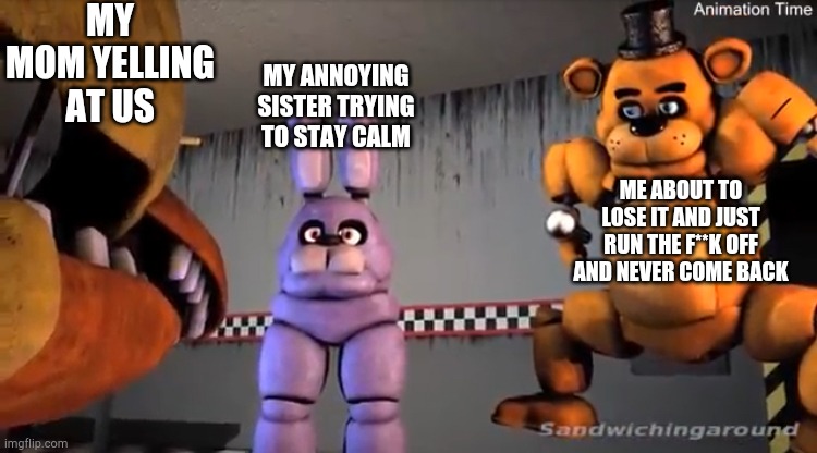 The cursed gang | MY MOM YELLING AT US; MY ANNOYING SISTER TRYING TO STAY CALM; ME ABOUT TO LOSE IT AND JUST RUN THE F**K OFF AND NEVER COME BACK | image tagged in the cursed gang | made w/ Imgflip meme maker