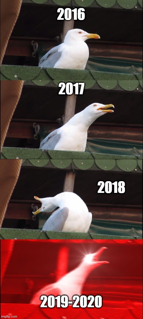 . | 2016; 2017; 2018; 2019-2020 | image tagged in memes,inhaling seagull | made w/ Imgflip meme maker