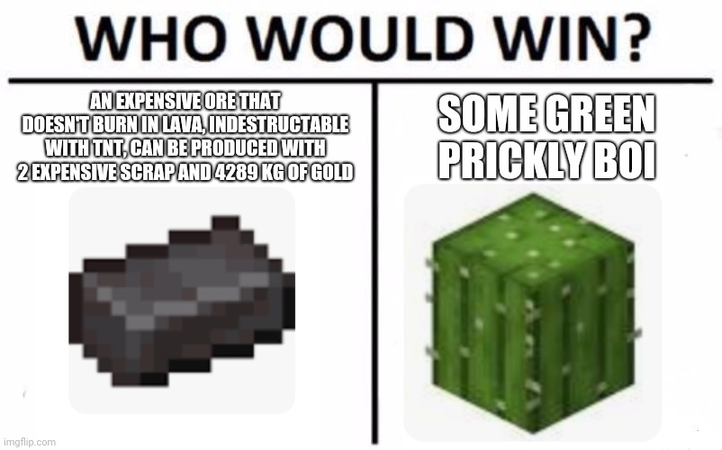 Power of Cactus | AN EXPENSIVE ORE THAT DOESN'T BURN IN LAVA, INDESTRUCTABLE WITH TNT, CAN BE PRODUCED WITH 2 EXPENSIVE SCRAP AND 4289 KG OF GOLD; SOME GREEN PRICKLY BOI | image tagged in memes,who would win | made w/ Imgflip meme maker