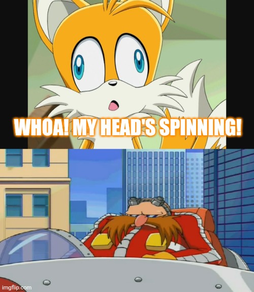 Whoa! My head's spinning! | WHOA! MY HEAD'S SPINNING! | image tagged in sonic- derp tails,eggman is disappointed - sonic x,eggman,tails,sonic,sonic the hedgehog | made w/ Imgflip meme maker