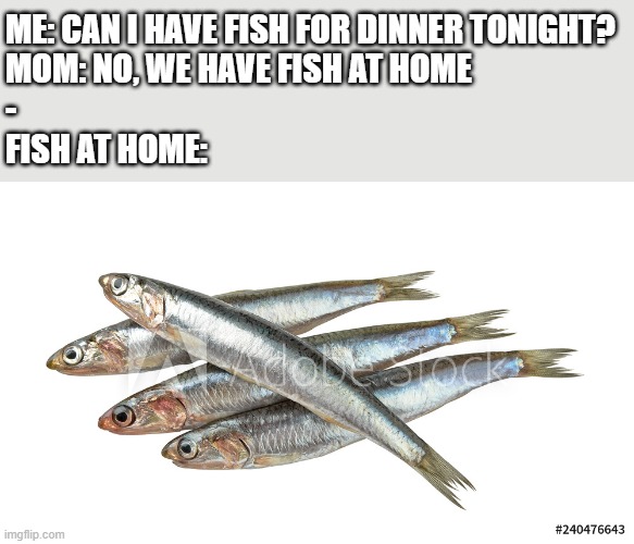 Fish at home | ME: CAN I HAVE FISH FOR DINNER TONIGHT?

MOM: NO, WE HAVE FISH AT HOME
-

FISH AT HOME: | image tagged in mom,stay at home | made w/ Imgflip meme maker