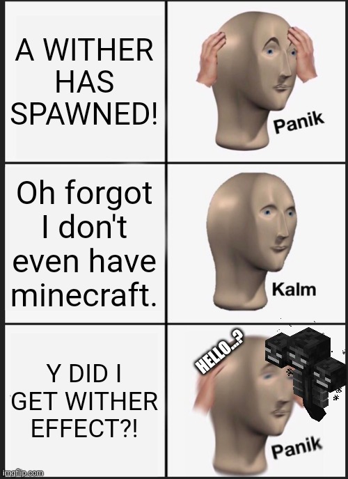 Wither | A WITHER HAS SPAWNED! Oh forgot I don't even have minecraft. Y DID I GET WITHER EFFECT?! HELLO...? | image tagged in memes,panik kalm panik,wither,minecraft,pls upvote | made w/ Imgflip meme maker