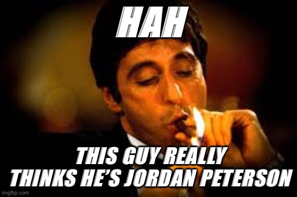 Is "shoo" the kind of thing Jordan Peterson would say in an interview? | HAH; THIS GUY REALLY THINKS HE’S JORDAN PETERSON | image tagged in al pacino cigar,jordan peterson vs feminist interviewer,jordan peterson,trolling the troll,trolling,al pacino | made w/ Imgflip meme maker