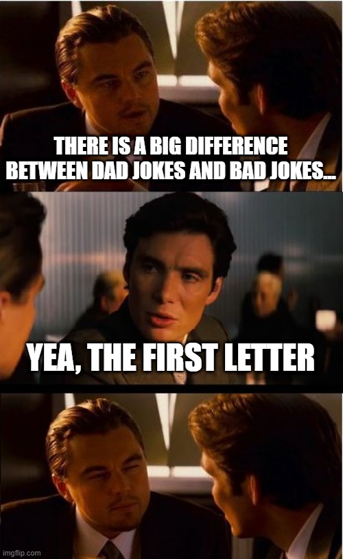 Inception Meme | THERE IS A BIG DIFFERENCE BETWEEN DAD JOKES AND BAD JOKES... YEA, THE FIRST LETTER | image tagged in memes,inception | made w/ Imgflip meme maker