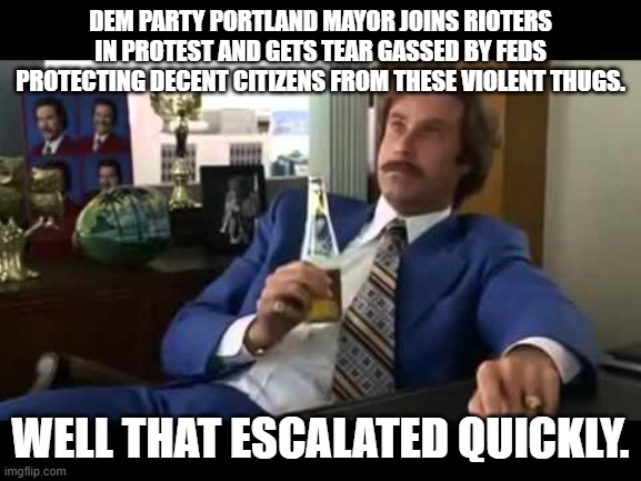 Well That Escalated Quickly | DEM PARTY PORTLAND MAYOR JOINS RIOTERS IN PROTEST AND GETS TEAR GASSED BY FEDS PROTECTING DECENT CITIZENS FROM THESE VIOLENT THUGS. WELL THAT ESCALATED QUICKLY. | image tagged in memes,well that escalated quickly | made w/ Imgflip meme maker