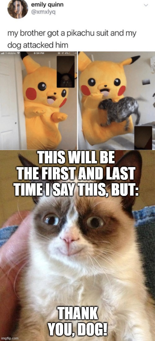 THIS WILL BE THE FIRST AND LAST TIME I SAY THIS, BUT:; THANK YOU, DOG! | image tagged in memes,grumpy cat happy | made w/ Imgflip meme maker