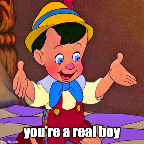 Pinocchio real boy | you're a real boy | image tagged in pinocchio real boy | made w/ Imgflip meme maker
