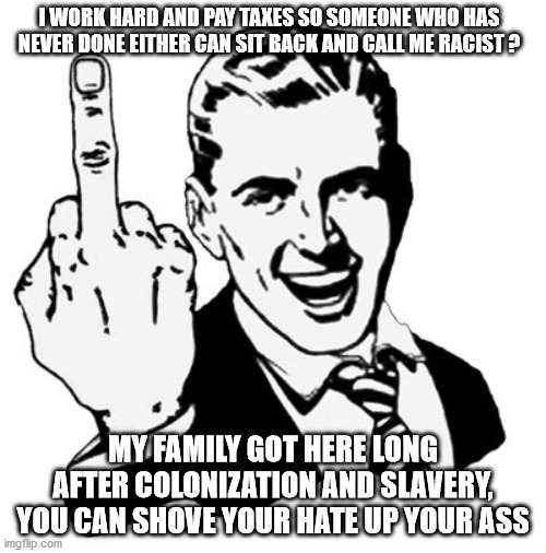 1950s Middle Finger | I WORK HARD AND PAY TAXES SO SOMEONE WHO HAS NEVER DONE EITHER CAN SIT BACK AND CALL ME RACIST ? MY FAMILY GOT HERE LONG AFTER COLONIZATION AND SLAVERY, YOU CAN SHOVE YOUR HATE UP YOUR ASS | image tagged in memes,1950s middle finger | made w/ Imgflip meme maker